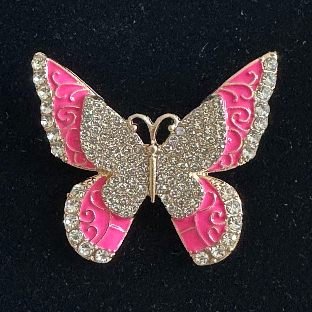 Vintage Style Pink Enamel & Rhinestone Butterfly Brooch | Gold Tone Pin | NEW - Picture 3 of 4